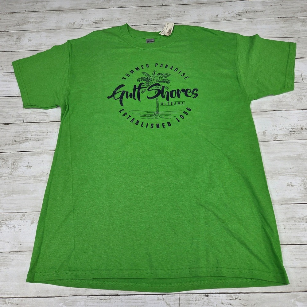 Gildan T-Shirt Men Large Green Gulf Shores‎ Alabama Summer Paradise Graphic Tee
